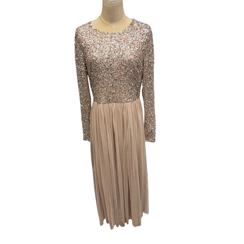 Maya Deluxe Women Sequin Tulle Long Sleeve Maxi Dress Taupe Silver Formal Gown